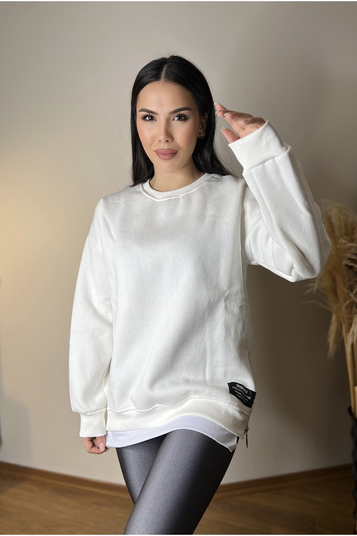 Beyaz İki Yanı Fermuarlı Duble Üç İplik Sweatshirt