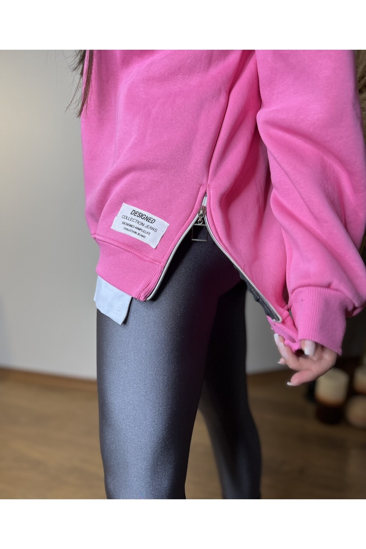 Pembe İki Yanı Fermuarlı Duble Üç İplik Sweatshirt