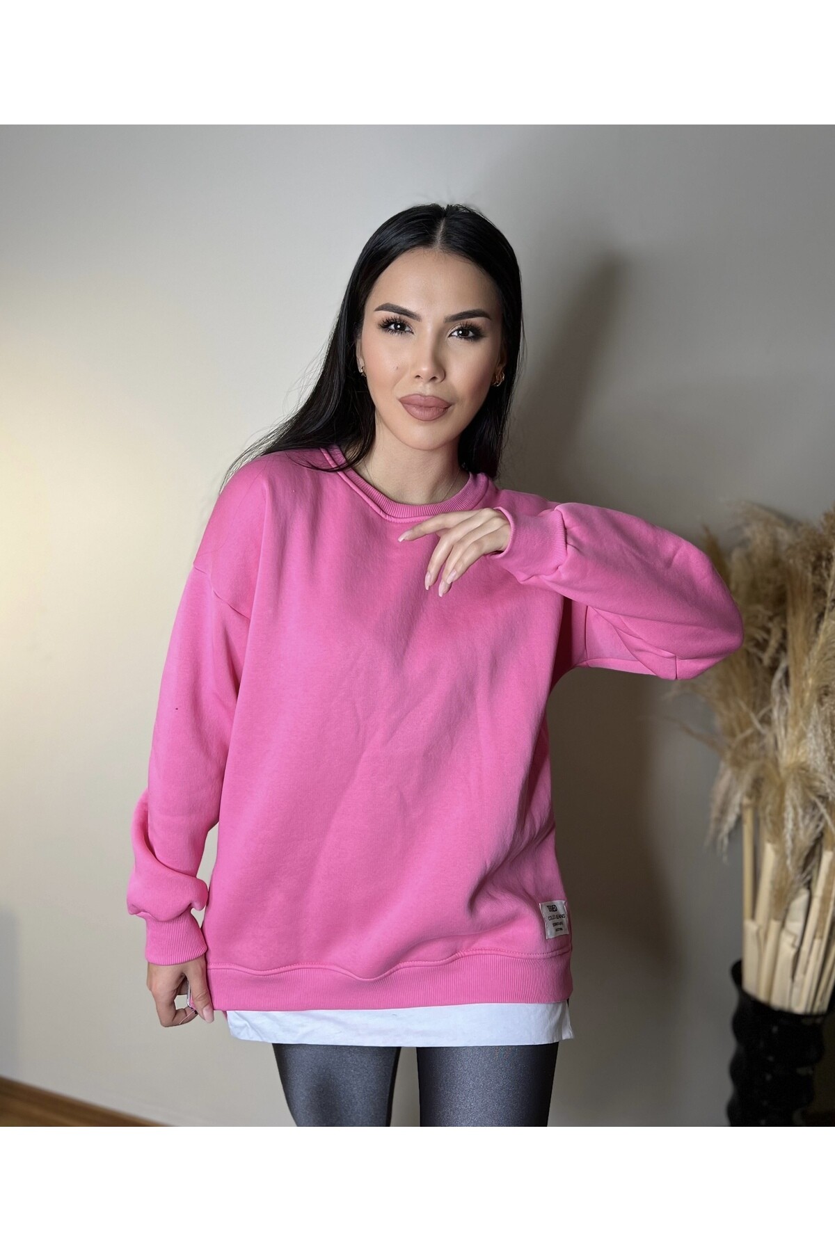 Pembe İki Yanı Fermuarlı Duble Üç İplik Sweatshirt