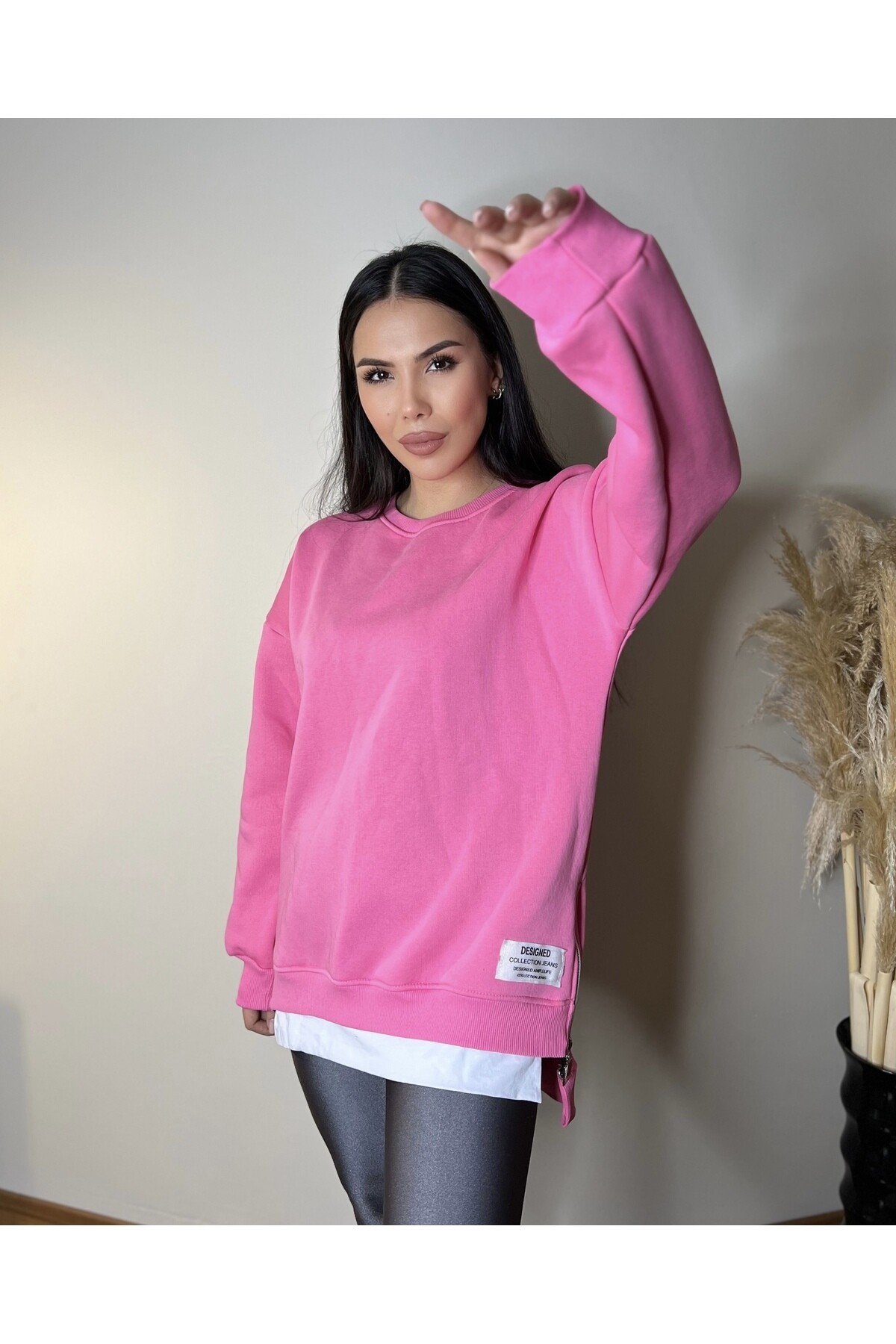 Pembe İki Yanı Fermuarlı Duble Üç İplik Sweatshirt