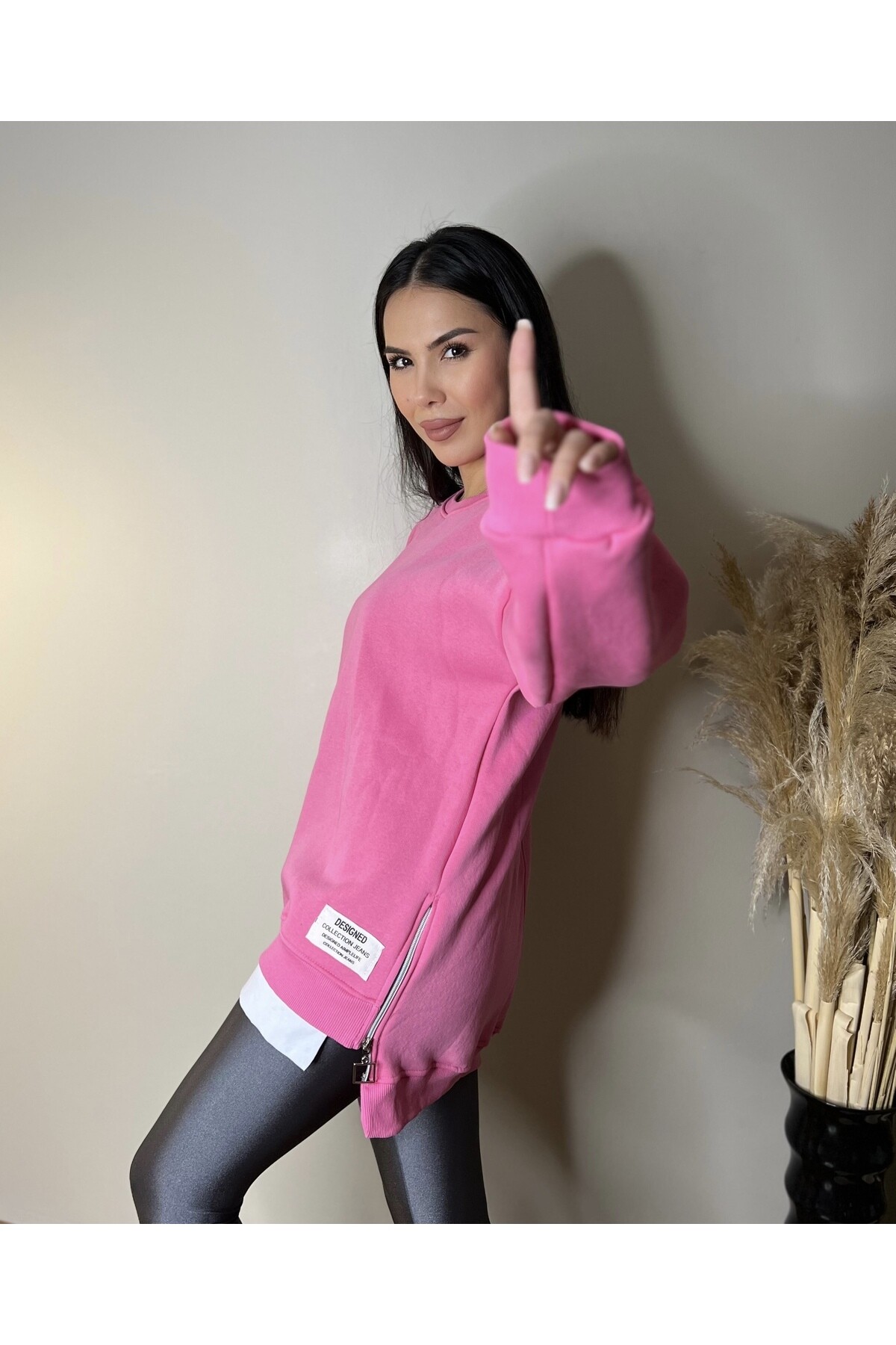 Pembe İki Yanı Fermuarlı Duble Üç İplik Sweatshirt