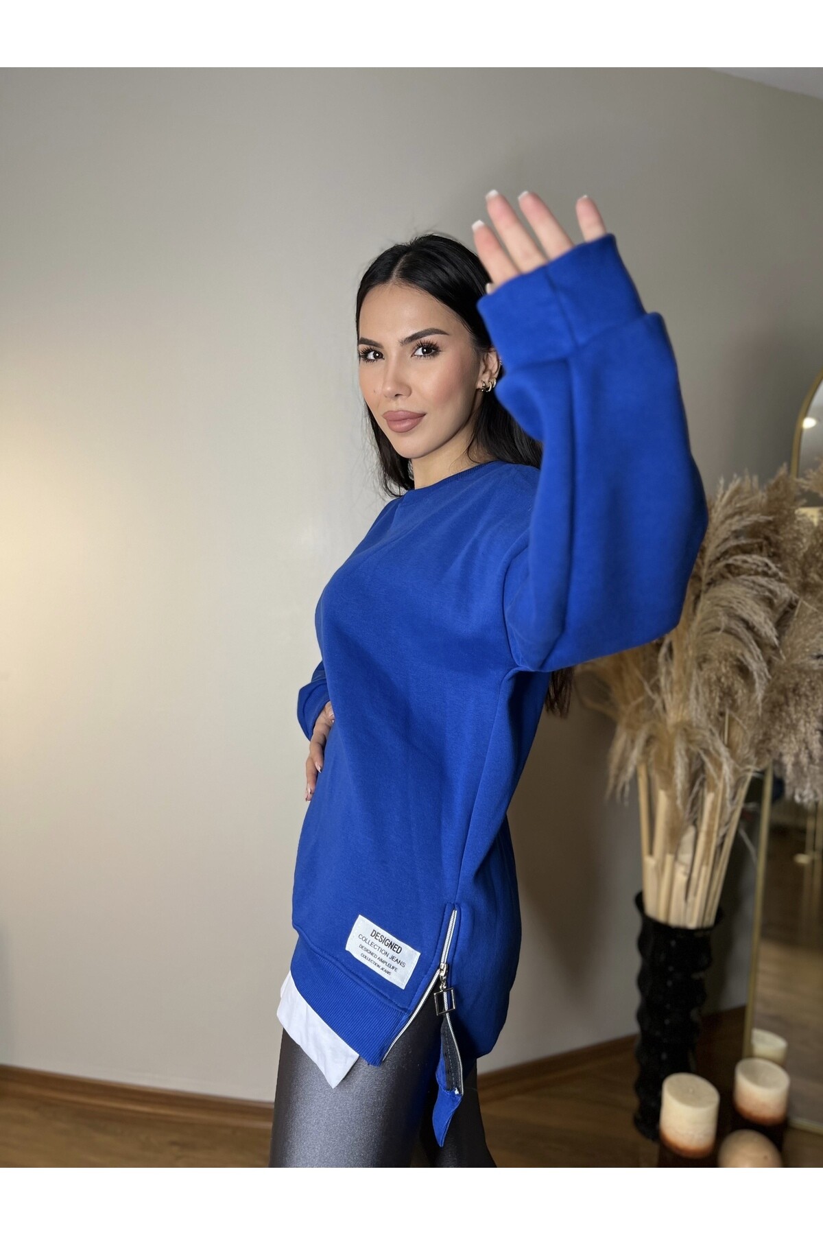 Saks İki Yanı Fermuarlı Duble Üç İplik Sweatshirt