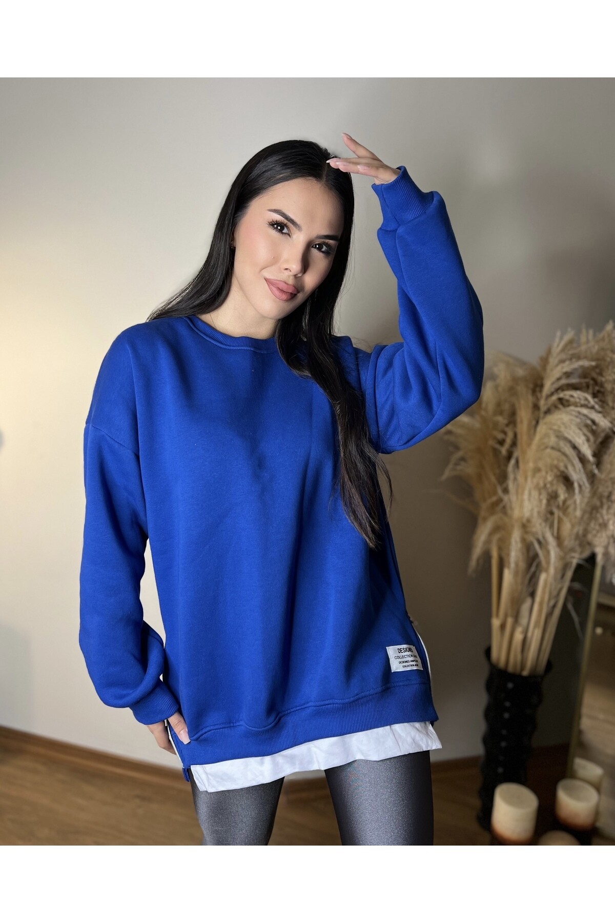 Saks İki Yanı Fermuarlı Duble Üç İplik Sweatshirt