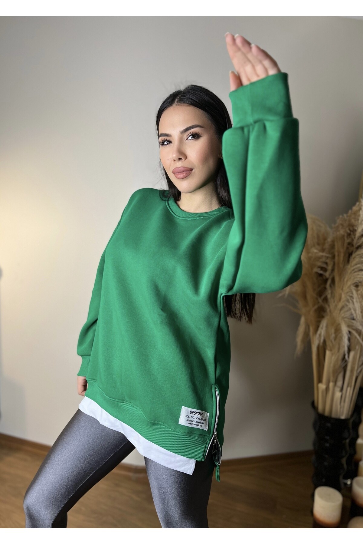 Yeşil İki Yanı Fermuarlı Duble Üç İplik Sweatshirt